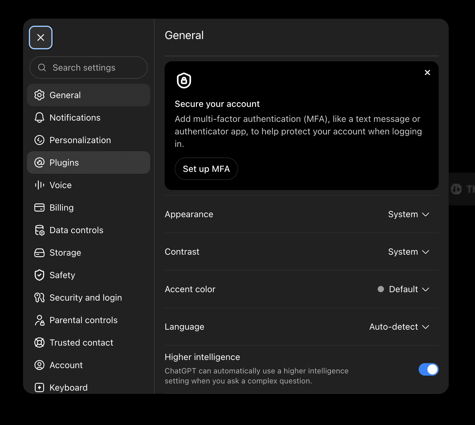 ChatGPT Settings with Plugins selected in the sidebar.