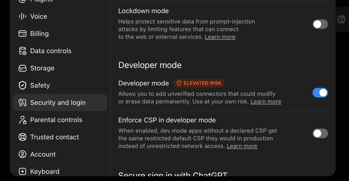 ChatGPT Security and login settings with Developer mode turned on.