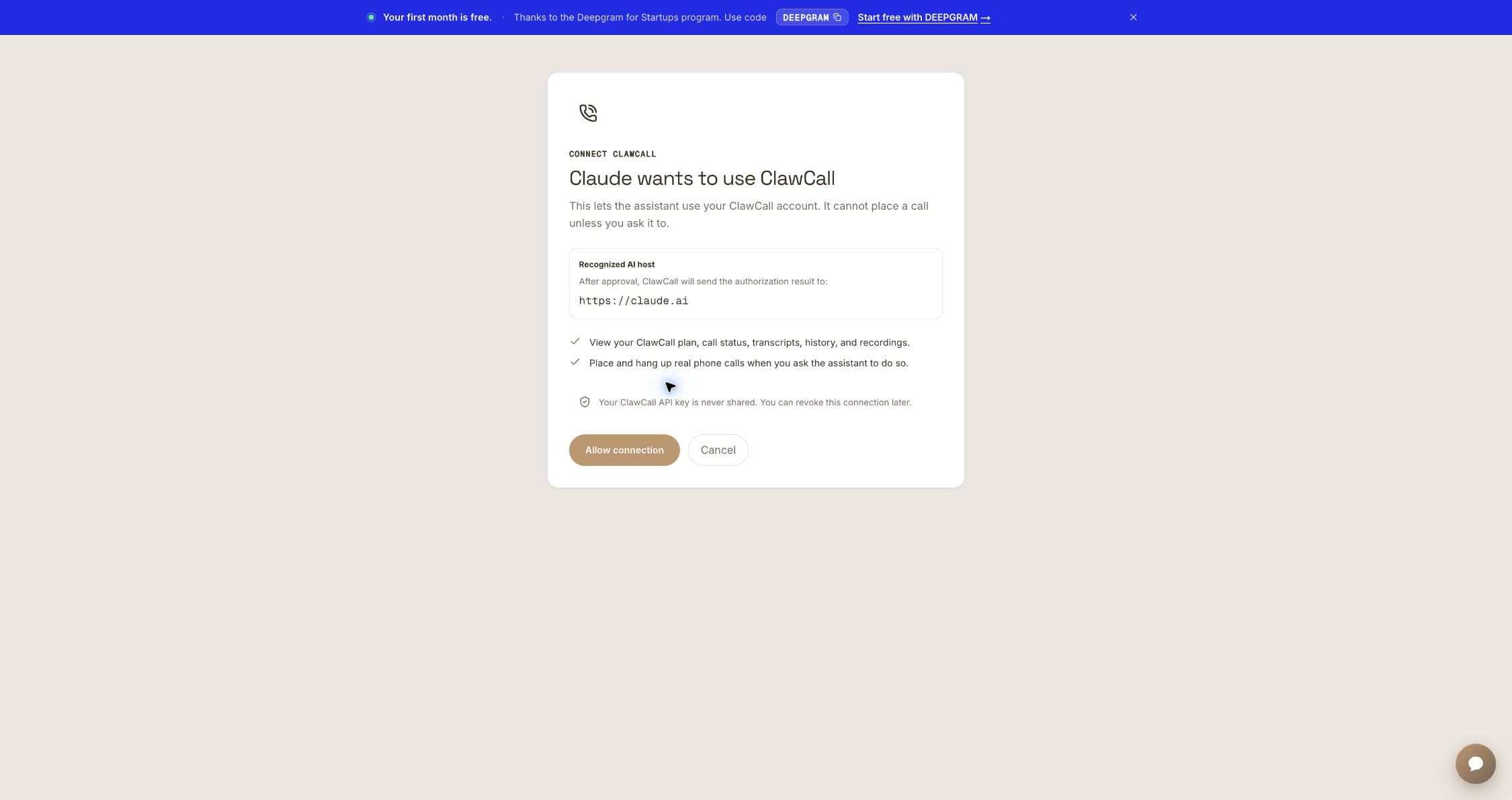 ClawCall OAuth consent page for Claude.